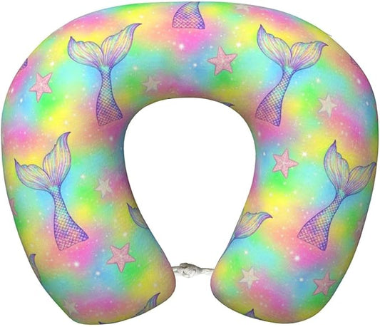 Neck Pillows for Travel Magic Tail Glitter Pink Mermaid, Women and Men Airplane Car Pillow, Neck Support U Shaped Pillow for Rest Pain Relief Sleeping