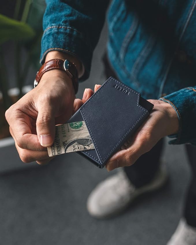 VULKIT Pop up Card Wallet RFID Blocking Slim Aluminum Metal Bank Card Holder Case with Business Money Pocket for Credit Cards Notes and Coins (Navy)