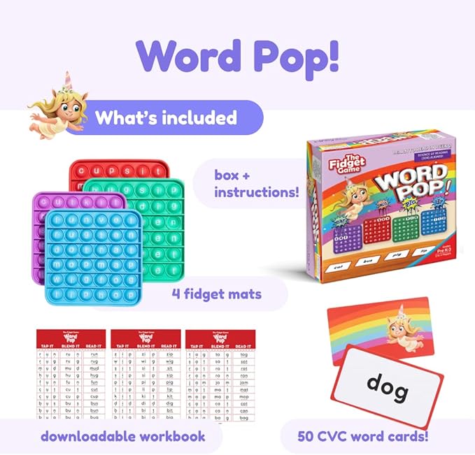THE FIDGET GAME Ultimate Reading Bundle - Flashcards and Pop Fidget Toys for Kids Pre-K to Third Grade - Learning Activities and Games for High-Frequency Dolch Sight Words - Includes Mats and Dice