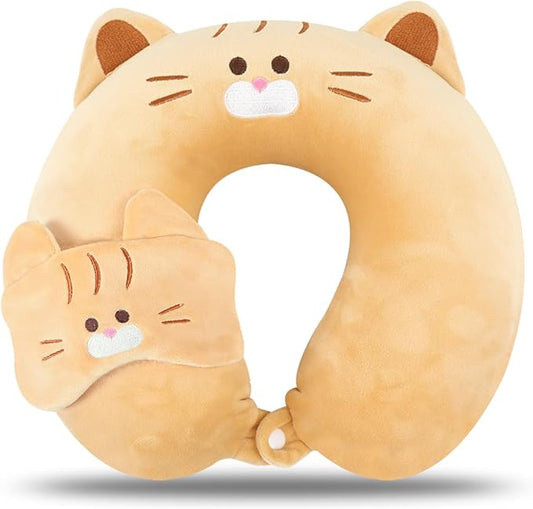 Kids Neck Pillow for Travel with Sleep Eye Mask, Cute Travel Neck Pillow, Memory Foam Flight Sleeping Headrest Pillow for Boys & Girls, Airplane, Train, Car, Home Use - Ginger Cat