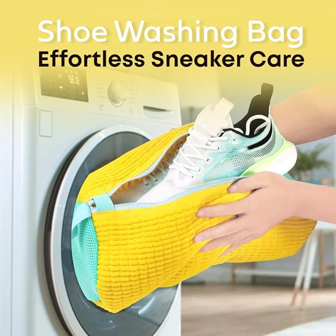 EPSCY Shoe Washing Machine Bag 2 Pack Yellow, 360° Wrap-Around Laundry Bags for Washer and Dryer - Reusable Deep Clean Sneaker Bags - Fits All Shoe Sizes & Types, Self-Locking Zipper, Protects Machine