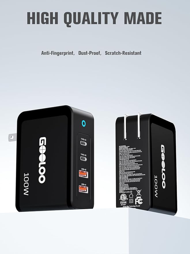 GOOLOO 100W USB C Charger Block, 4-Port Foldable Compact Fast Wall Charger for MacBook Pro/Air/iPad/iPhone Series and More, SuperSafe Power Adapter for GT3000/GT4000S/GT4000/GT6000/A7 Jump Starters