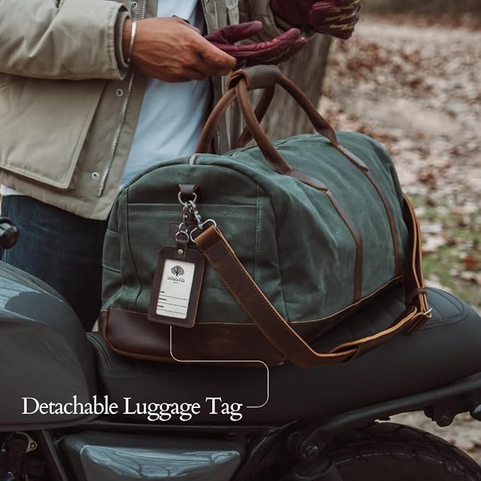 Waxed Canvas Weekender Duffle Bag, Vintage Style Travel Bag with Leather Trim, Army Green (Forest Green)