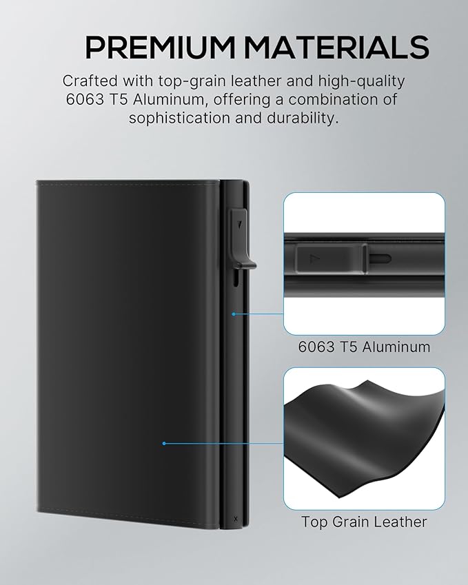 Mens Wallet Card Holder - Smart Wallet for Men, Pop Up Card Case, Top Grain Leather, RFID Blocking, Slim, Minimalist, Ultra Thin, Front Pocket, 9-14 Card Capacity | ID Window | Cash Slot (Black)