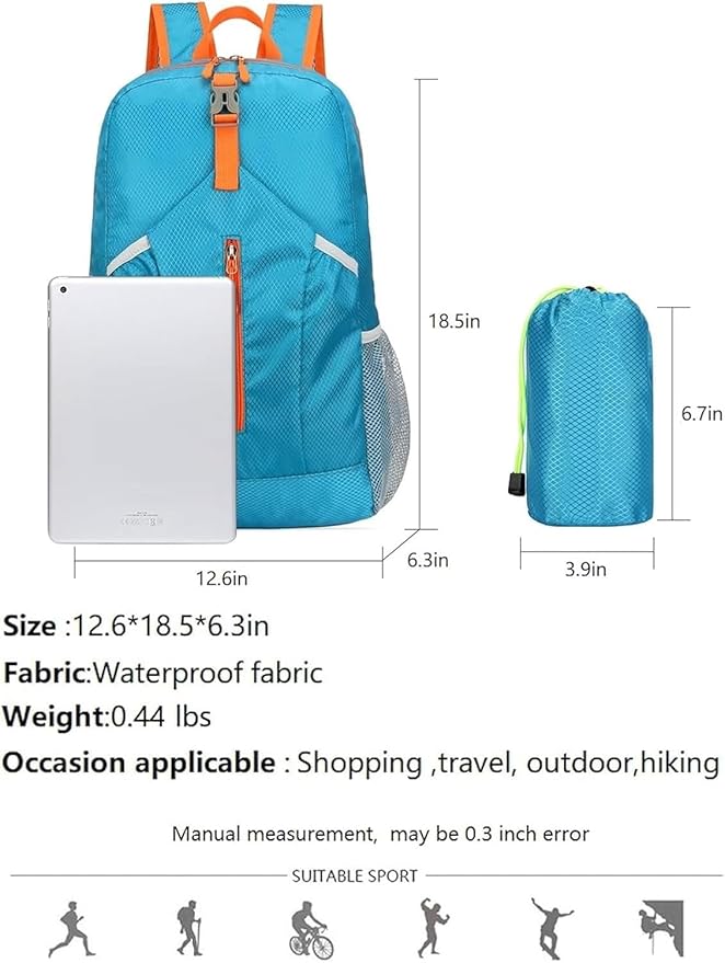 25L Foldable Hiking Backpack Lightweight Packable Basic-Daypack Collapsible Bag Water-Resistant Travel Men Women Camping Cycling Outdoor (Blue)