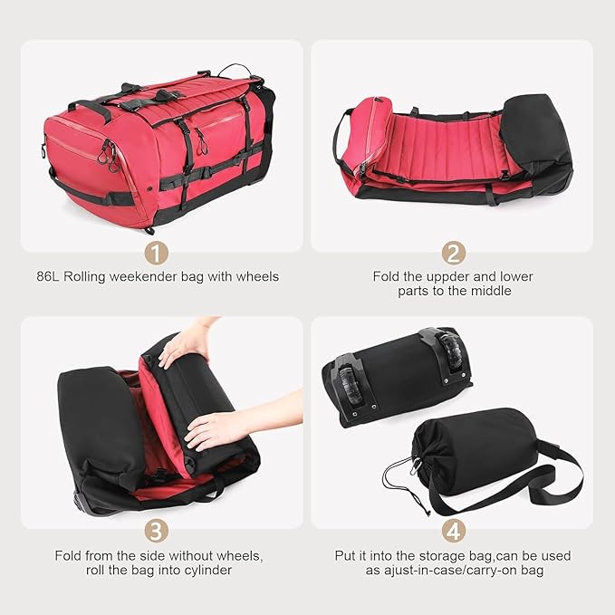Rolling Duffle Bag with Wheels,86L 30”Carry on Luggage with Wheels,Folding Travel Bag,Duffle Backpack with Separate Shoe Compartment (red)