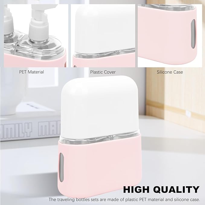 Skycase Travel Bottles - Leak Proof Refillable Tsa Approved Travel Size Toiletries, 2 in 1 Liquid Bottles Containers with Labels and Funnel Airplane Accessories Kits for Lotion Liquid (Pink)