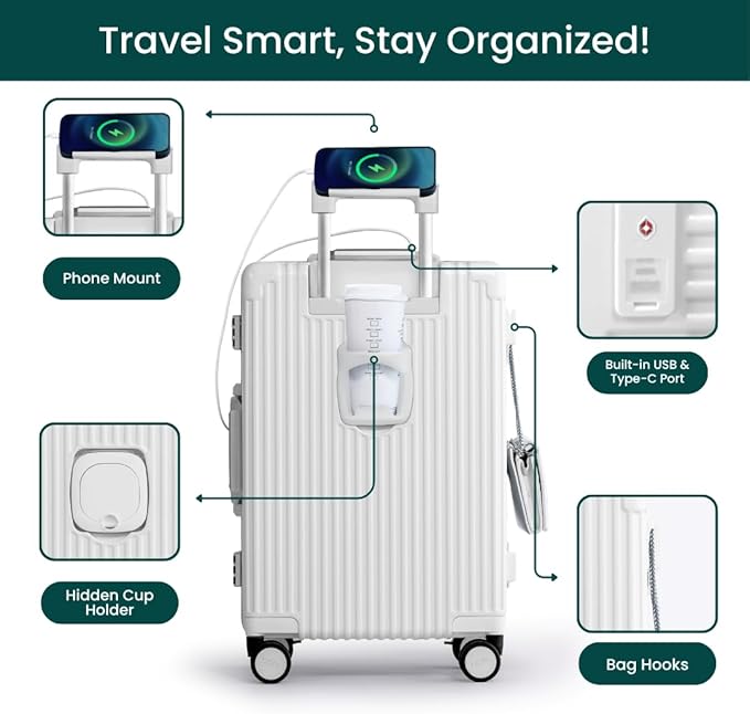 Nobl Travel Carry On Luggage, Noble Zipperless Aluminum Frame PC Hard Shell Suitcase, 22.5x15x9.5 Airline Approved, 360° Spinner Wheels, TSA Locks, USB Charging Port, Cup & Phone Holder - White