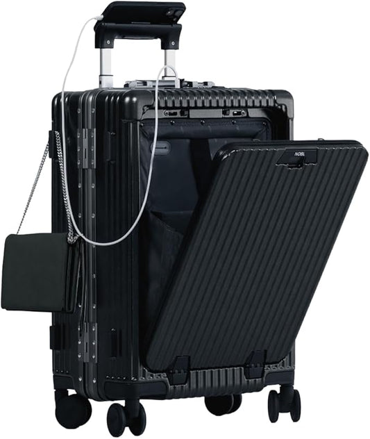 NOBL Travel Carry On Luggage, Noble Zipperless Aluminum Frame PC Hard Shell Suitcase, 20.8"x15"x8.7" Airline Approved, 360° Spinner Wheels, TSA Locks, USB Charging Port, Cup & Phone Holder - Jet Black
