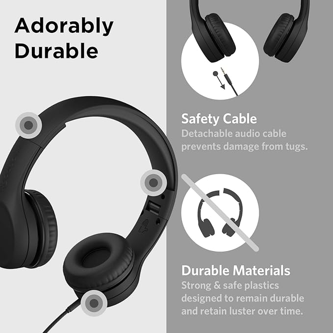 LilGadgets Connect+ Foldable Headphones, Adjustable Fit Soft Touch Padding for Kids with Mic, Volume-Limited & Noise Reduction On-Ear Wired Headset for School with SharePort - Black, Ages 3-14