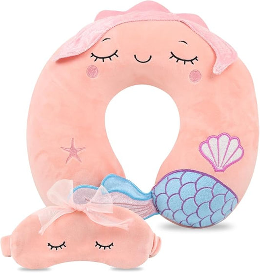 Sexysamba Travel Pillow for Kids Adults with Sleep Eye Mask Cute Cartoon U Shaped Memory Foam Neck Pillows for Travel Head Rest & Neck Support for Airplane, Car, Office Sleeping, Pink Mermaid