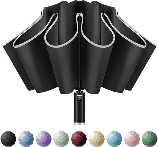 Yoobure Inverted Windproof Travel Umbrella - Automatic Umbrellas for Rain, Compact Folding with Reflective Stripe, Portable Large for Backpack, Lightweight with Sun UV Protection