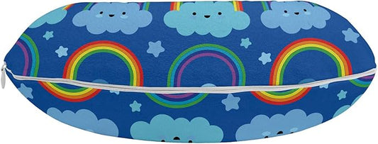 Ambesonne Cartoon Travel Pillow Neck Rest, Rainbow Clouds Along Stars Dreaming Sleeping Shower Night Time, Memory Foam Traveling Accessory for Airplane and Car, 12", Cobalt Blue