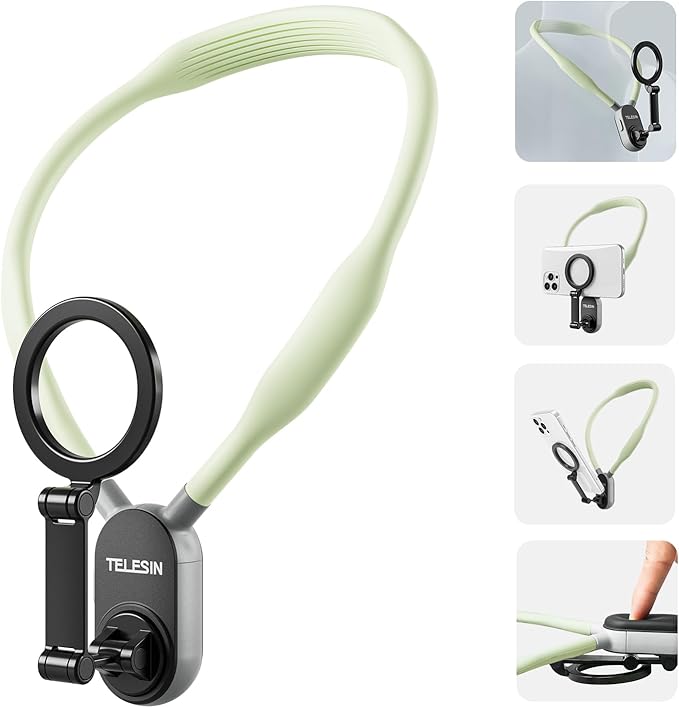 TELESIN° Magnetic Neck Mount for Phones, Cell Phone Holder Stand Hanging on Neck POV/Vlog Selfie Hand Free Necklace Phone Strap Video Recording for iPhone 16 15 14 13 12 Seires Android Phones (Green)