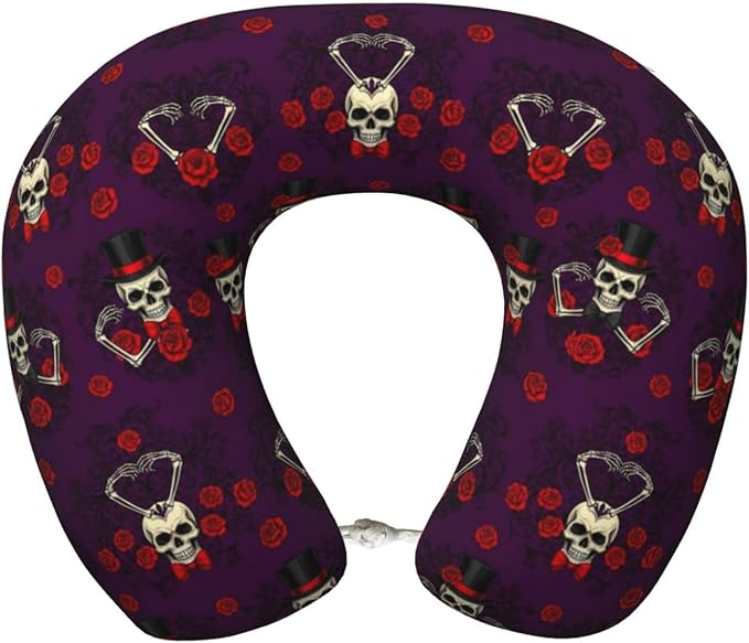 Neck Pillows for Travel Mexican Sugar Skulls Day of The Dead Red Roses Magic Hat, Women and Men Airplane Car Pillow, Neck Support U Shaped Pillow for Rest Pain Relief Sleeping