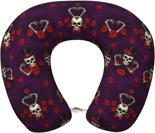 Neck Pillows for Travel Mexican Sugar Skulls Day of The Dead Red Roses Magic Hat, Women and Men Airplane Car Pillow, Neck Support U Shaped Pillow for Rest Pain Relief Sleeping