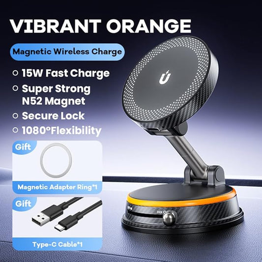 ZITUFAW 15W Fast Wireless Charger Magnetic Car Phone Holder, 360° Adjustable Magsafe Car Mount with Vacuum Suction Cup, Phone Holders for Your Car for iPhone & Android (Orange)