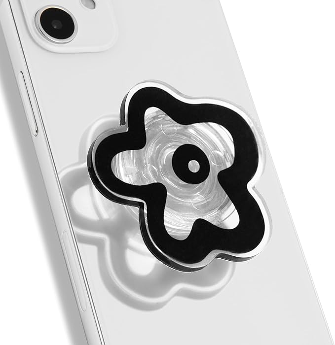 OnTheGrip Cute Transparent Daisy Flower Shape Design Mobile Phone Grip Multi Functional Collapsible Stand Holder for Smartphone Tablet Cell Phone Accessory (Black)