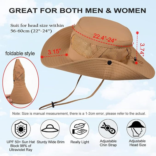 Fishing Hat UPF50+ Wide Brim Sun Hat for Men Women, Water Resistant Summer Sun Protection Safari Hat Hiking Bucket Hat