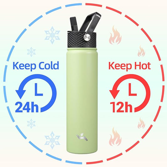 Insulated Water Bottle 24oz Stainless Steel Sport Bottles with 3 Lids,Macaron Green