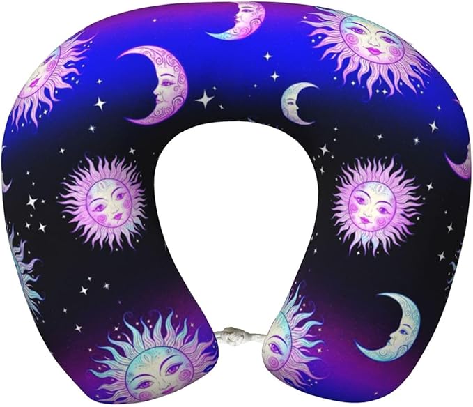 Neck Pillow Memory Foam Travel Pillows Comfortable for Airplane Flight Car Travel Office Nap and Sleeping, Funny Cushion for Head Shoulder Trippy Sun Moon Stars