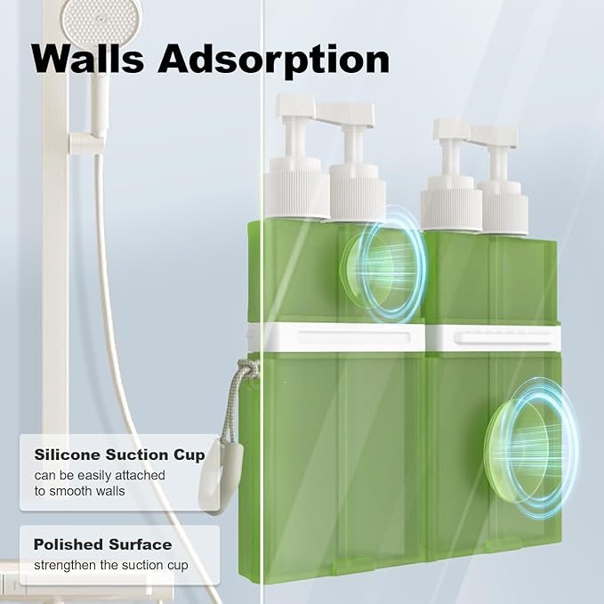 YOTIME 4in1 Travel Bottles with Suction Cup, TSA Approved Leak Proof Travel Size Containers for Toiletries, Refillable Travel Accessories for Shampoo, Body Wash and Conditioner, Green