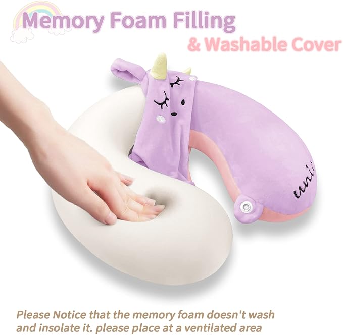 Neck Travel Pillow for Kids, Unicorn Airplane Memory Foam Pillow with Cute Sleep Mask & Earplugs, Lightweight Travelling Sleeping Pillow Set for Car, Train, Bus and Home Use (Purple)