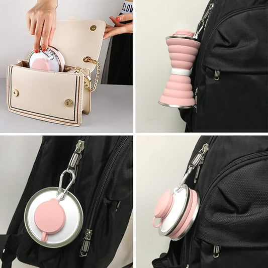 Collapsible Water Bottle, Camping Cup With Carabiner, Reuseable Silicone Foldable Leak Proof Portable Sports Travel Water Bottles For Outdoor, Travel Gym Hiking, BPA Free, Cycling Cups with Carabiner