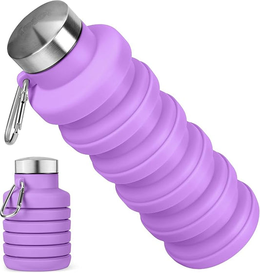 Collapsible Water Bottle, 16oz Portable Reusable Silicone Water Bottle, BPA-Free Leak-Proof Foldable Design with Carabiner, Lightweight Durable for Gym, Travel, Camping, Hiking, Sports-Purple