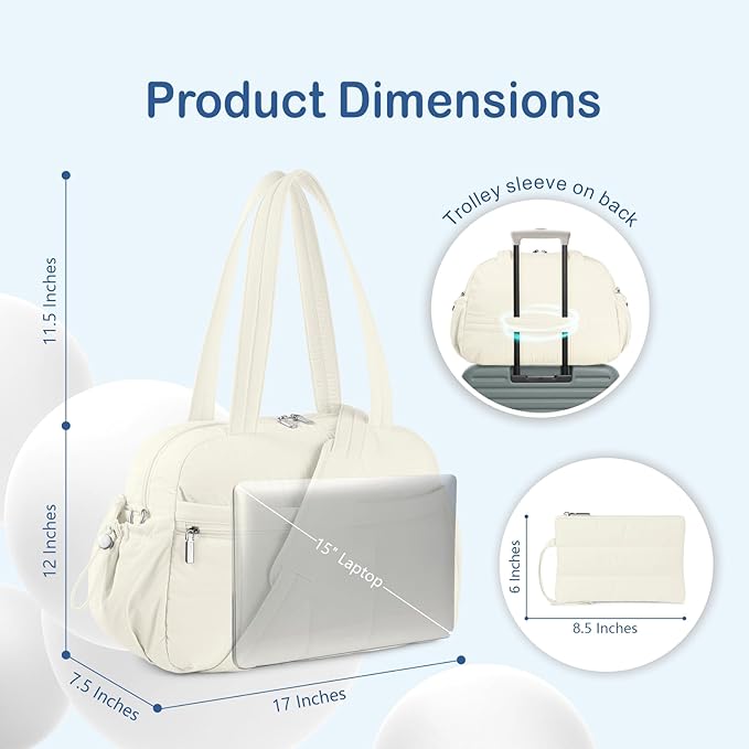 TOPDesign Travel Duffel Bag for Women, Puffer Gym Bag Sports Tote with Wet Pocket, Carry On Weekender with Luggage Sleeve (Ivory White)