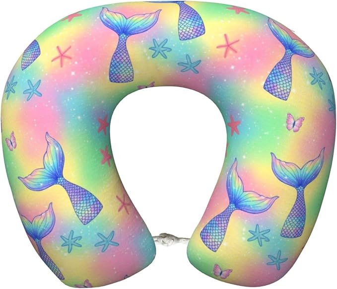 Neck Pillow Memory Foam Chin Cushion with Breathable Cover Magic Glitter Pink Mermaid Tail, Cute Airplane Car Pillows for Office Head Pain Relief