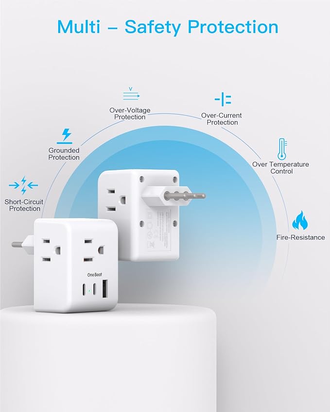 2 Pack Italy Travel Plug Adapter, Type L Italy Power Adapter with 3 Outlets 3 USB Ports(2 USB C), 6 in 1 Travel Outlet Adaptor, 3 Prong Grounded Plug for USA to Italy Chile Uruguay Italian