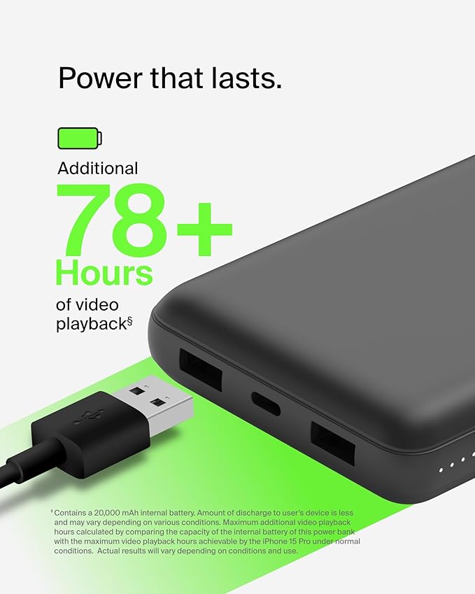 Belkin Portable Charger, USB-C Power Bank 20000 mAh w/ 2 USB-A Ports, 15W w/ Type-A to Type-C Cable - iPhone 17, Air, Pro, Pro Max, AirPods, Apple Watch, Samsung Galaxy S25, Google Pixel 10 - Black