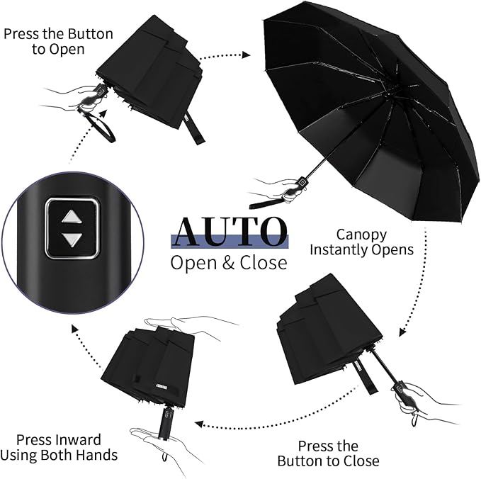 Yoobure Windproof Travel Umbrella with Wood Handle - Automatic Umbrellas for Rain & UV Sun Protection, Compact 46" Large Canopy, Lightweight Backpack Portable for Walking & Outdoor