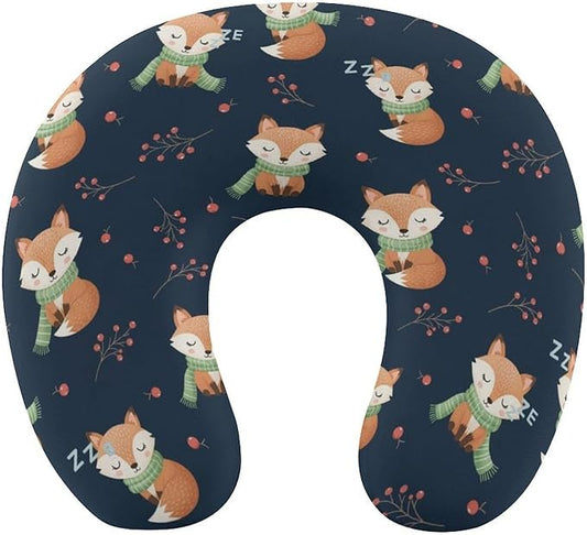 Women’s Travel Pillow U-Shaped Memory Foam Neck Rest, Cute Fox U-Shape, Washable Airplane Car Support