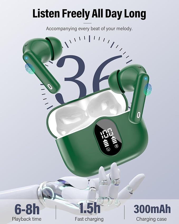 Wireless Earbuds, Bluetooth 5.4 Headphones Bass Stereo, Ear Buds with Noise Cancelling Mic, LED Display in Ear Earphones Clear Calls, IP7 Waterproof Bluetooth Earbuds for Laptop/Phones/Sports, Green
