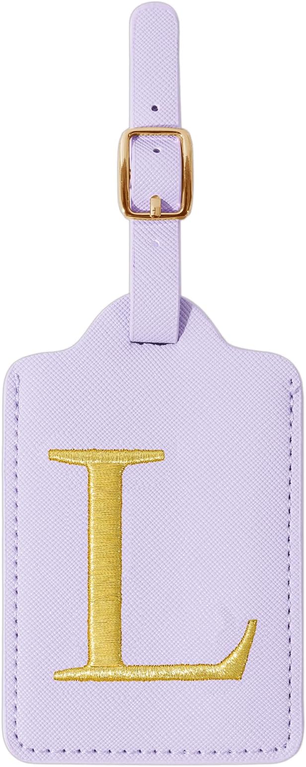 Personalized Initial Luggage Tags for Suitcase, Purple Leather Cute Luggage Tags with Privacy Cover Name Card, Embroidered Custom Monogrammed Luggage Tag Travel Backpack Tags Gifts for Women Kids(L)