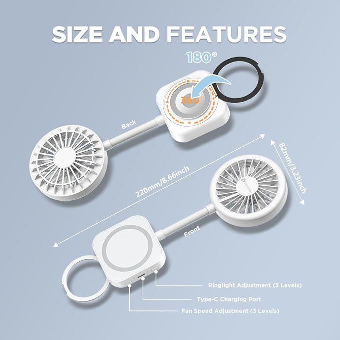 Magnetic Portable Fan Magsafe Compatible Mini Personal Fan with 3-Level Ring Light and Adjustable Hands-Free Phone Mount, Ultra-Lightweight 6000RPM Powerful table fan for iPhone, Desk, Car & Outdoor