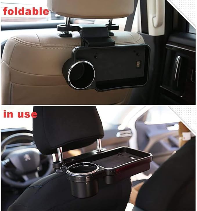 Oshotto Universal (FT-04) Foldable Car Auto Headrest Rear Back Seat Table Drink Food Cup Tray Holder (Black)