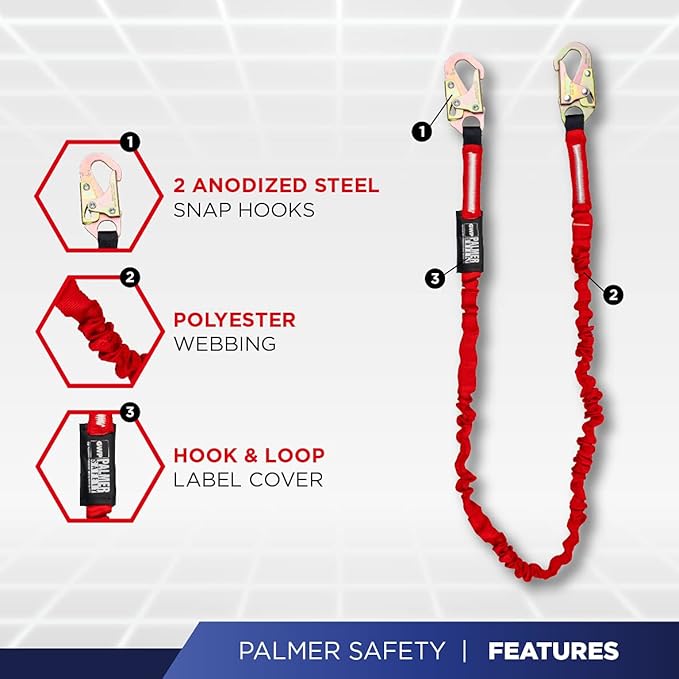 Palmer Safety ATERET L121133 4 Pack 6' Internal Shock Absorber Lanyard Single Leg w/ Snap Hook I OSHA/ANSI Compliant Restraint Lanyards I Ideal Use for Arborist, Roofer & Construction Workers