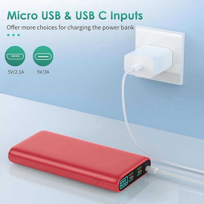 Portable Charger 38800mAh,LCD Display Power Bank,5 USB Outputs Battery Pack Backup, USB-C 3A in&out Travel Essential Portable Phone Charger For iPhone 17/16/15/14/13 Pro/12,Android Samsung Galaxy-Red