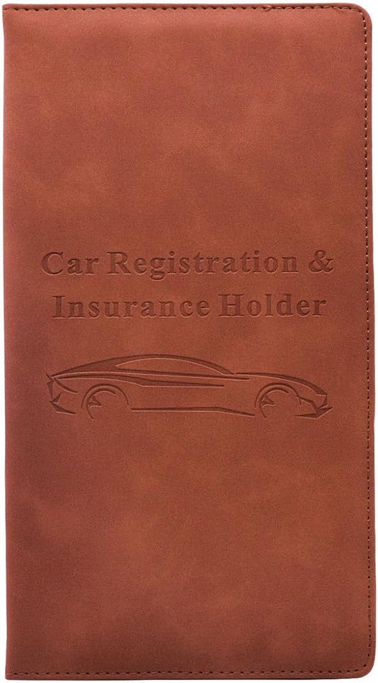 Car Registration and Insurance Card Holder - Vehicle Glove Box Document Organizer - Premium PU Leather Wallet Case - Driver License - Coffee