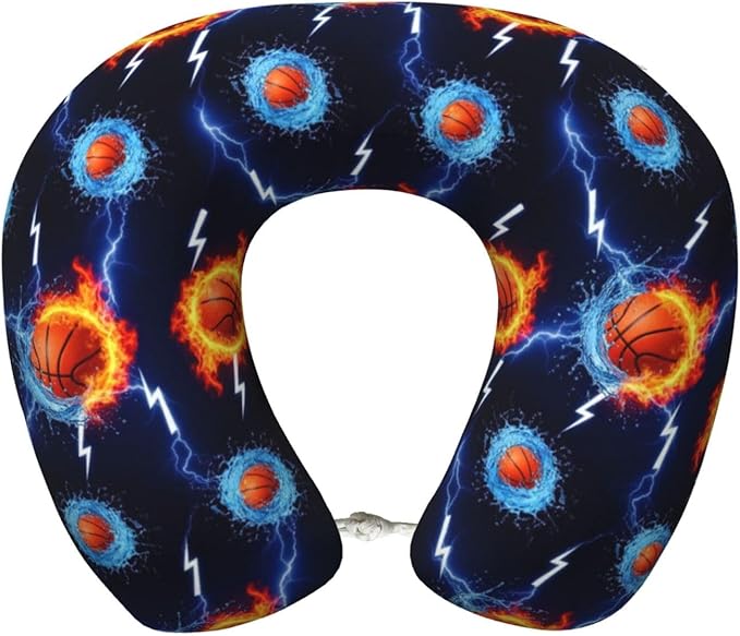 Travel Pillow for Men Women, Washable Relax U Shaped Neck Pillows for Car Head Pain Relief Sleeping Water Fire Flame Basketball Print Black