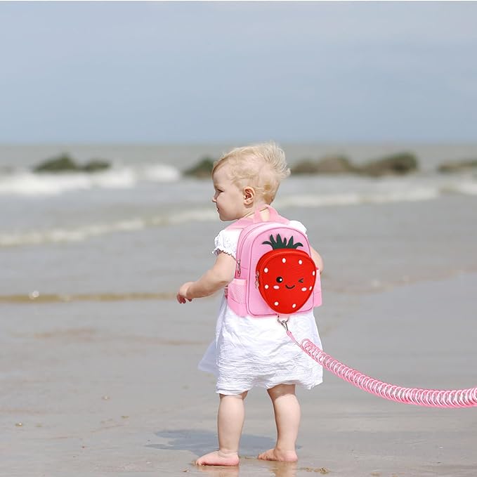 Toddler Backpack with Leash, Accmor 4 in 1 Kids Mini Backpacks with Anti Lost Wrist Link, Cute Child Harness Bag Rein for Outdoor, Strawberry Back Pack Rope Tether for Baby Girls Aged 1-3 Years (Pink)