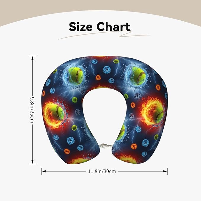 Travel Neck Pillow for Pain Relief Sleeping, Water Fire Flame Softball, Comfortable Memory Foam Chin Head Cushion Support with Zip Cover, Fashion Car Flight Pillows