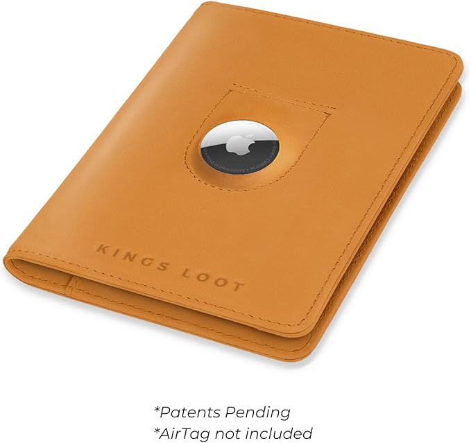 Kings Loot Passport Holder Wallet – RFID Blocking Leather Travel Wallet with Built-in Airtag Holder – Holds 1-6 Cards & Passport – Easy Pull Tab – Slim & Stylish Wallets (Cognac/Engraved)