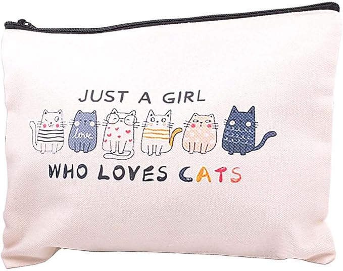 Cat Lovers Makeup Bag Canvas Cosmetic Pouch with Cute Cats Design Just A Girl Who Loves Cats (cat)
