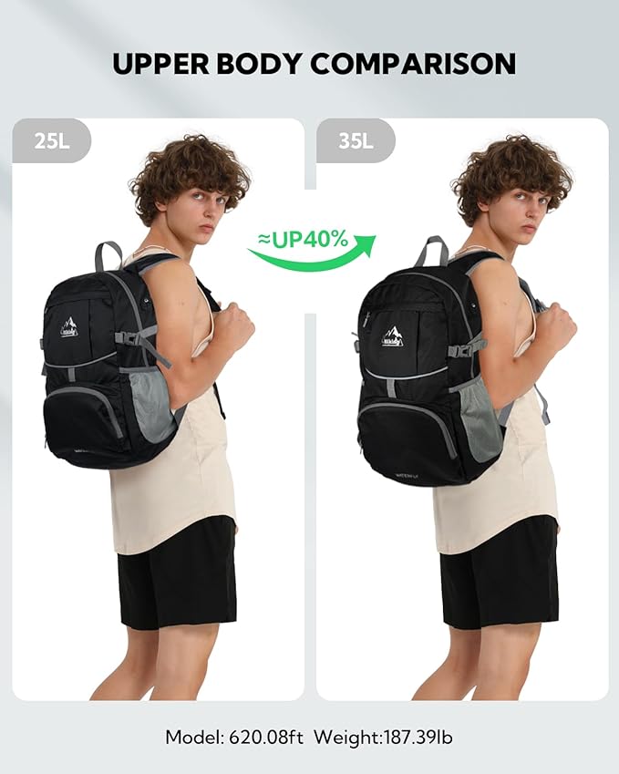 WATERFLY Hiking Packable Daypack Backpack: 35L Ultra Lightweight Day Pack for Woman Man - Large Compact Folding Back Pack for Outdoor Sport Cycling Camping Travel Trip - Black