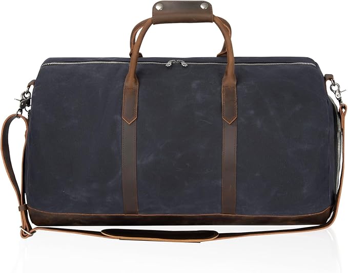 Waxed Canvas Weekender Duffle Bag, Vintage Style Travel Bag with Leather Trim, Army Green (Black)