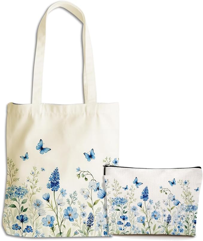 Flower Plant Lover Gifts for Women Canvas Tote Bag with Makeup Bag Cosmetic Bags Grocery Bags for Shopping Christmas